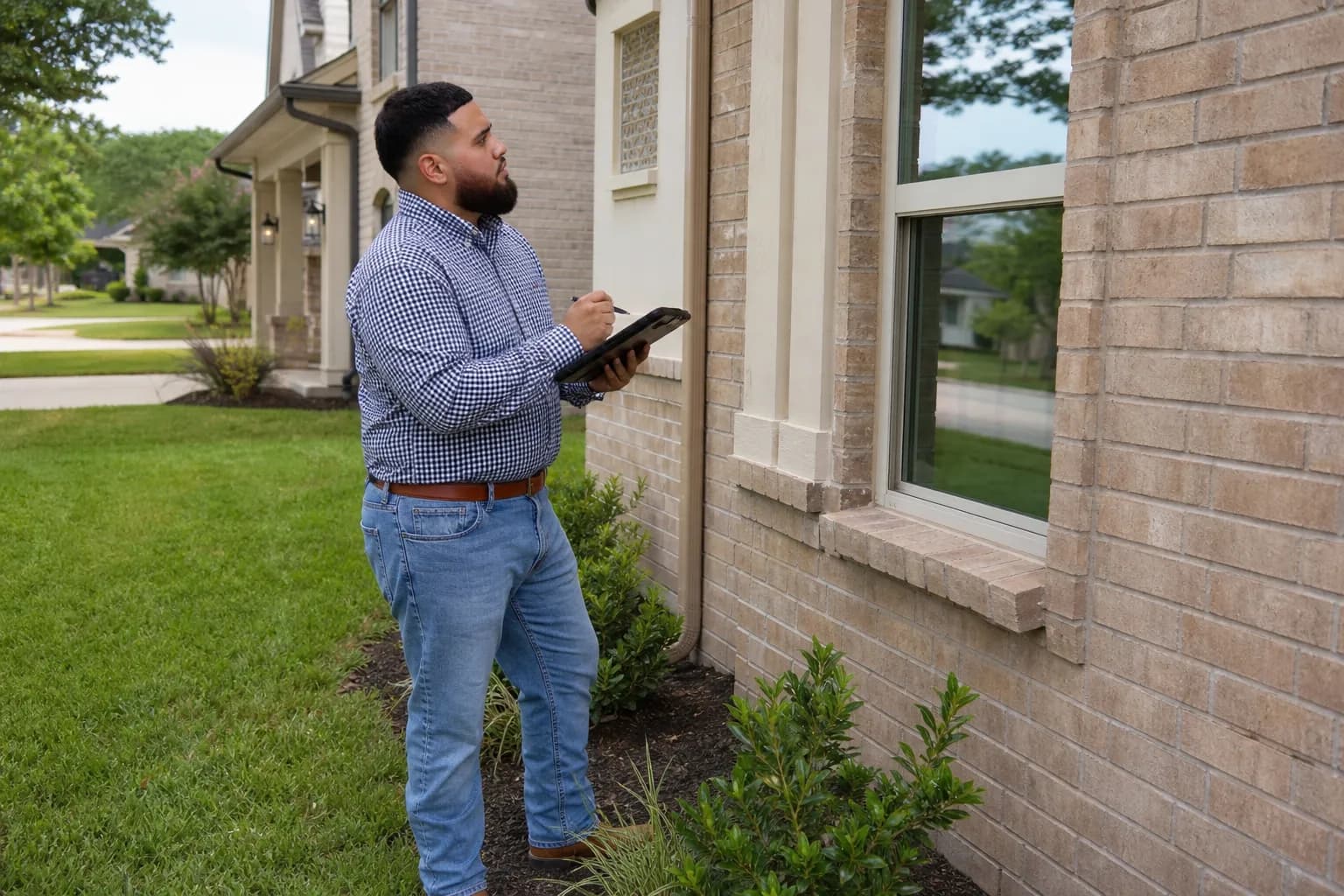 A home inspector checking the exterior of a newer suburban home