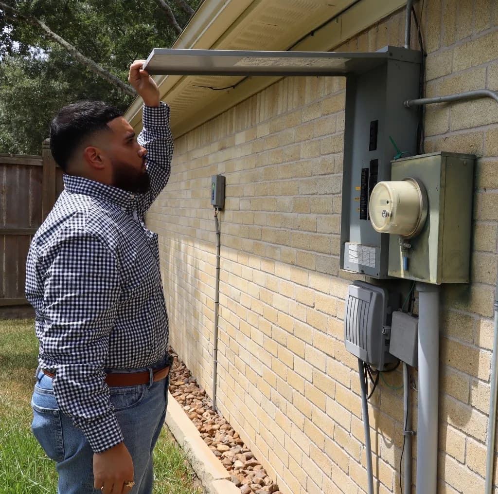 Luis Salas inspecting an open electrical panel on a home