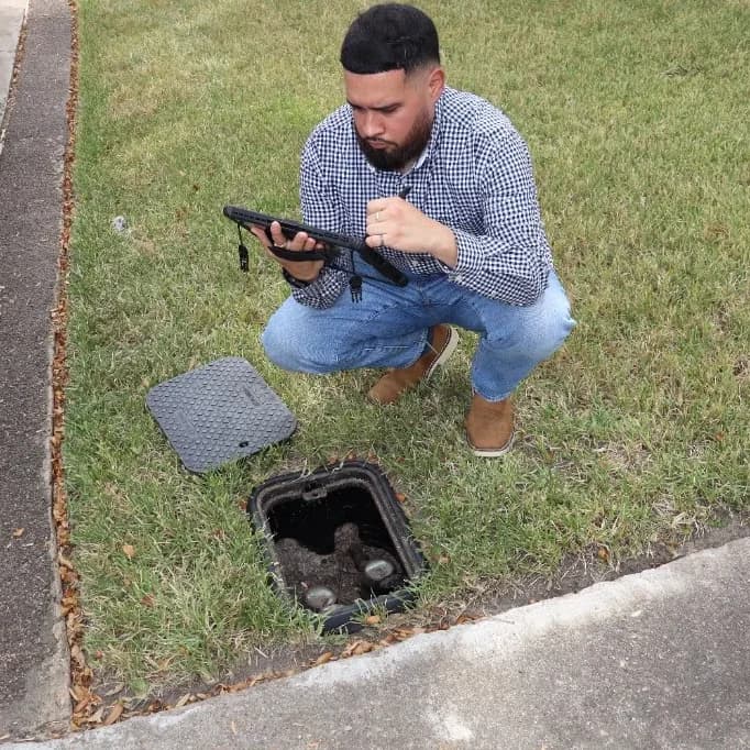 A home inspector checking a lawn irrigation box
